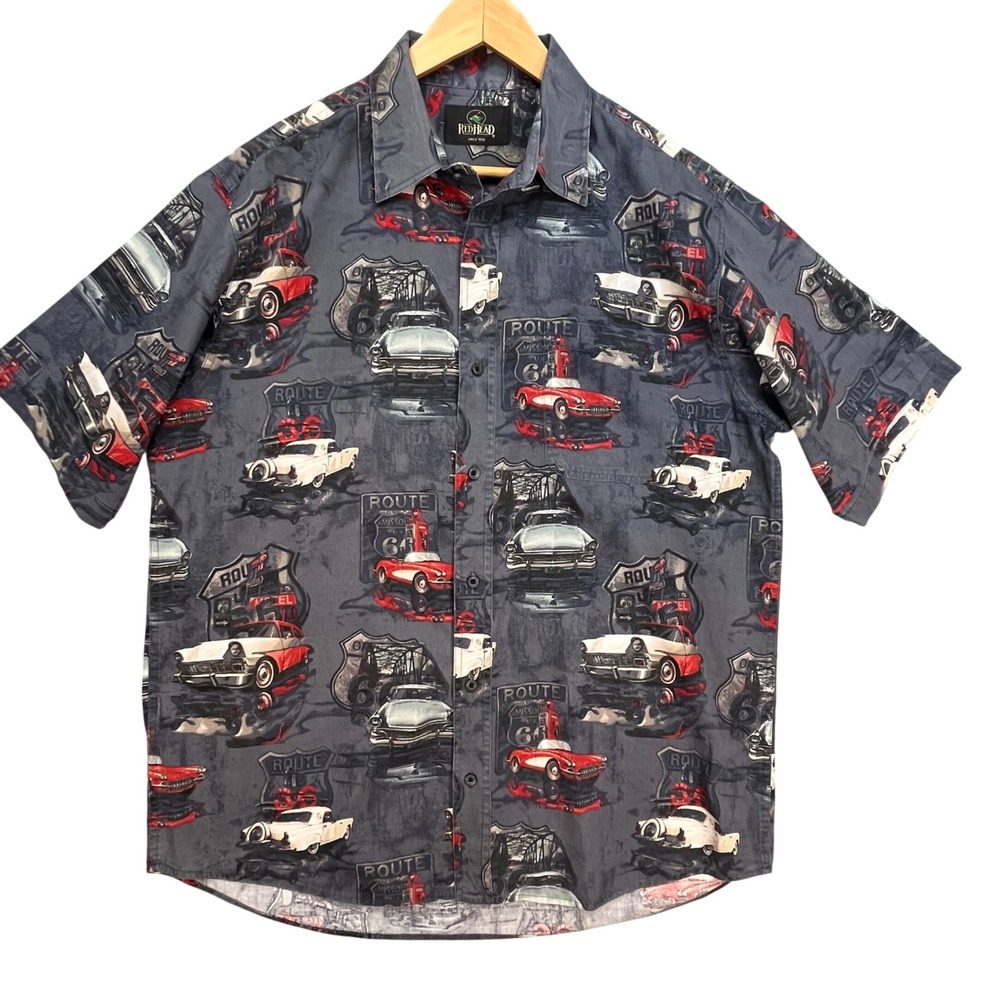 RedHead Route 66 Classic Cars Shirt Gray Button Front‎ Cotton L